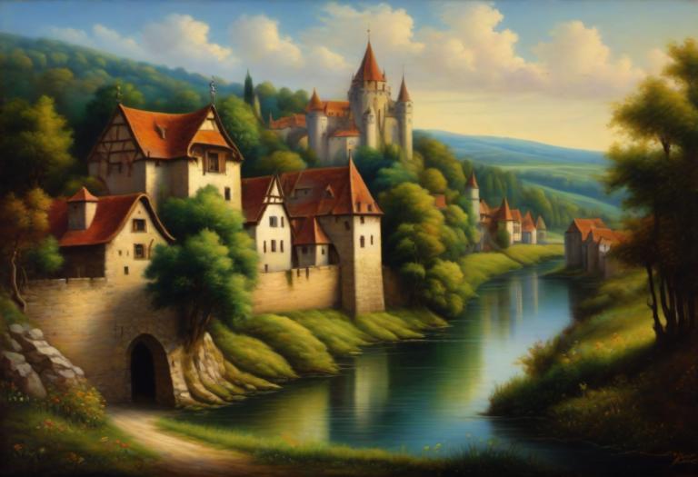 Pastel,Pastel, Natură, peisaj medieval european, nici oameni, decor, nor, în aer liber, cer, copac, apă, zi