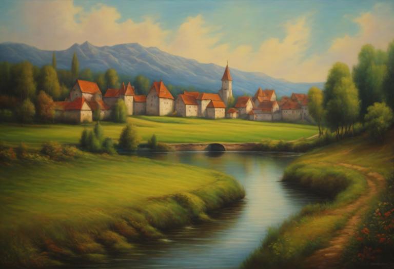 Pastel,Pastel, Naturaleza, paisaje medieval europeo, escenario, no humanos, al aire libre, cielo, nube, árbol