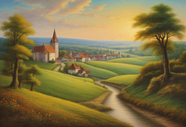 Pastel,Pastel, Naturaleza, paisaje medieval europeo, no humanos, escenario, árbol, al aire libre, cielo, nube