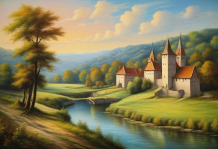 Pastel,Pastel, Natură, peisaj medieval european, nici oameni, decor, copac, în aer liber, cer, nor, natură