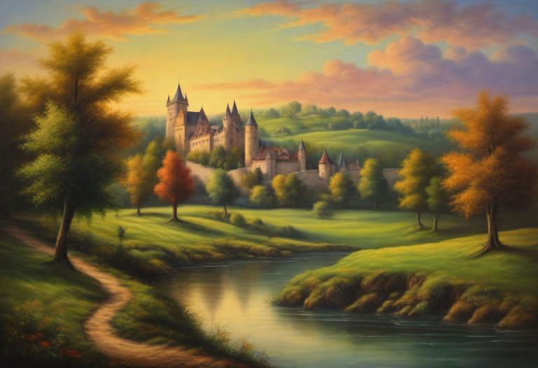 Pastel,Pastel, Natură, peisaj medieval european, nici oameni, decor, copac, nor, în aer liber, cer, castel