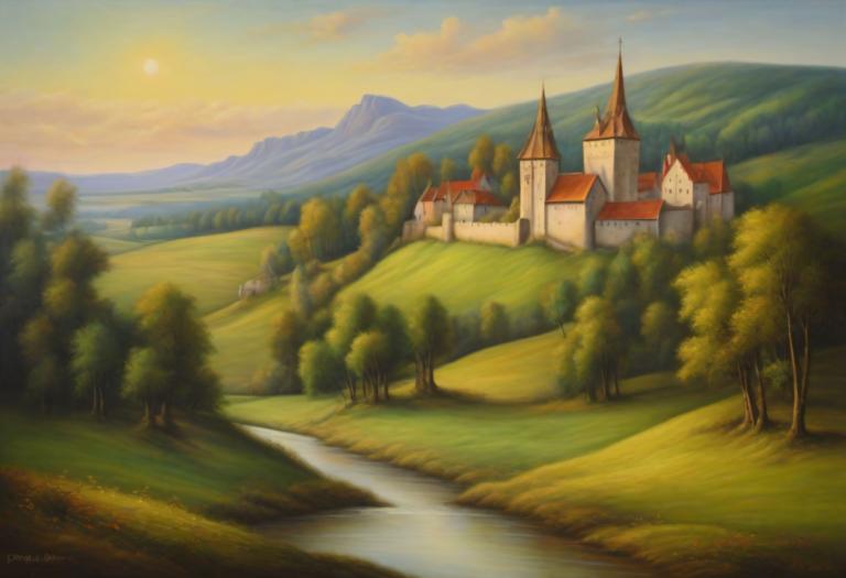 Pastel,Pastel, Naturaleza, paisaje medieval europeo, no humanos, escenario, al aire libre, árbol, cielo, nube