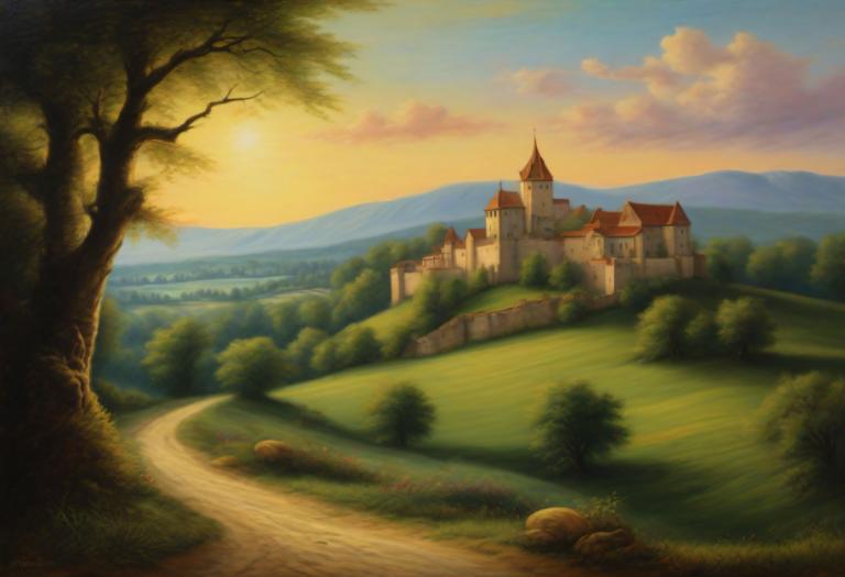 Pastel,Pastel, Nature, medieval european landscape, no humans, scenery, tree, outdoors, cloud, sky, grass