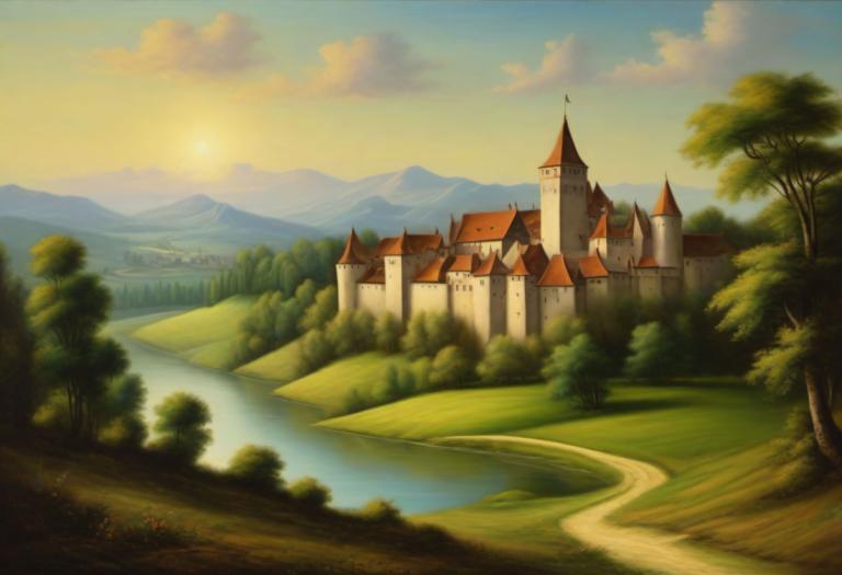 Pastel,Pastel, Nature, medieval european landscape, no humans, scenery, tree, cloud, outdoors, sky, mountain