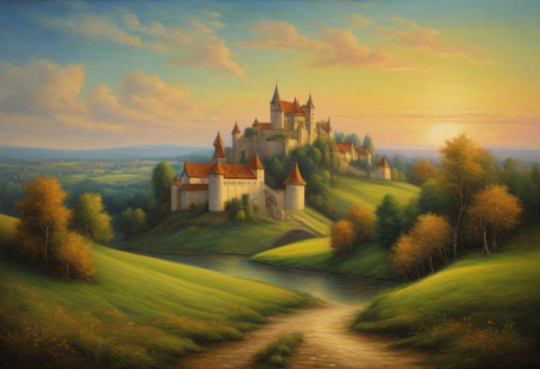 Pastel,Pastel, Nature, medieval european landscape, no humans, scenery, tree, outdoors, cloud, sky, castle