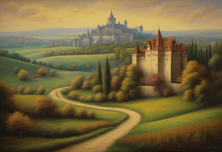 Pastel,Pastel, Nature, medieval european landscape, no humans, scenery, outdoors, tree, cloud, castle, sky