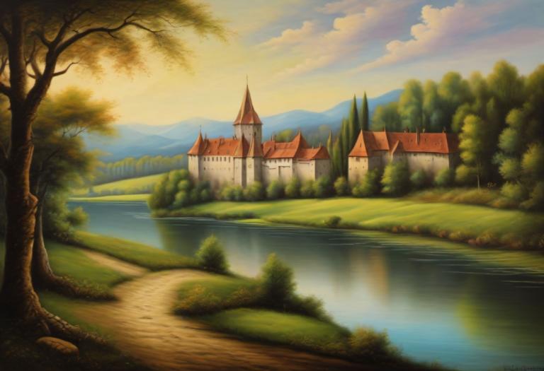 Pastel,Pastel, Natură, peisaj medieval european, nici oameni, decor, copac, în aer liber, cer, nor, lac, apă