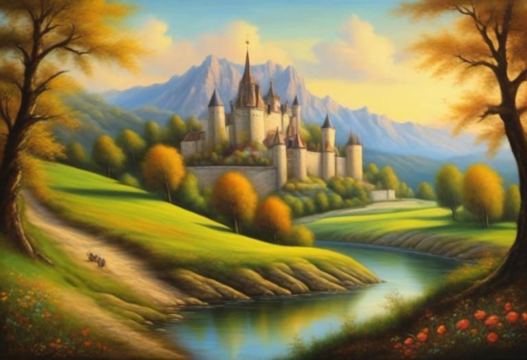 Pastel,Pastel, Natură, peisaj medieval european, decor, copac, nici oameni, în aer liber, cer, castel, nor