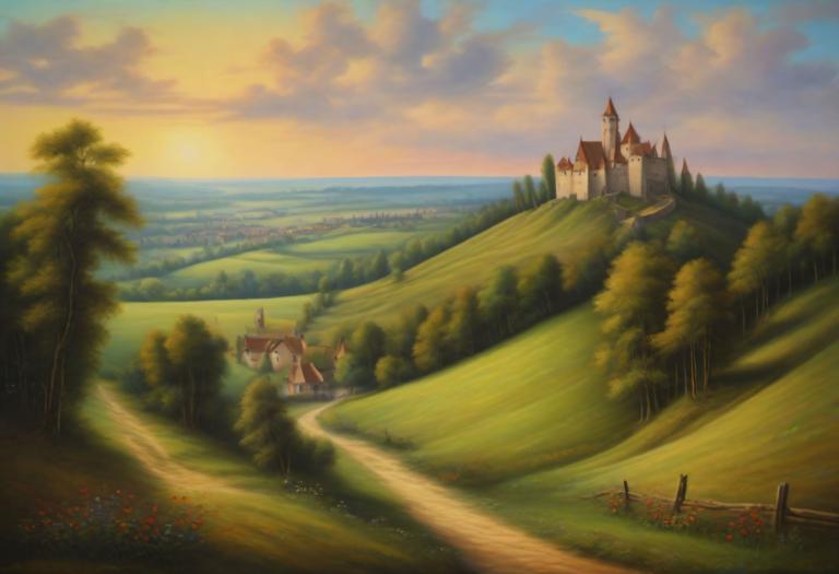 Pastel,Pastel, Nature, medieval european landscape, scenery, tree, outdoors, cloud, no humans, sky, castle