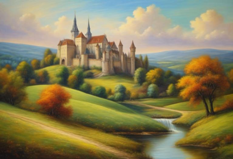 Pastel,Pastel, Natură, peisaj medieval european, nici oameni, decor, copac, în aer liber, nor, cer, zi