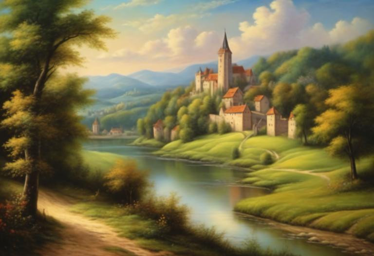 Pastel,Pastel, Nature, medieval european landscape, no humans, scenery, outdoors, cloud, sky, tree, day