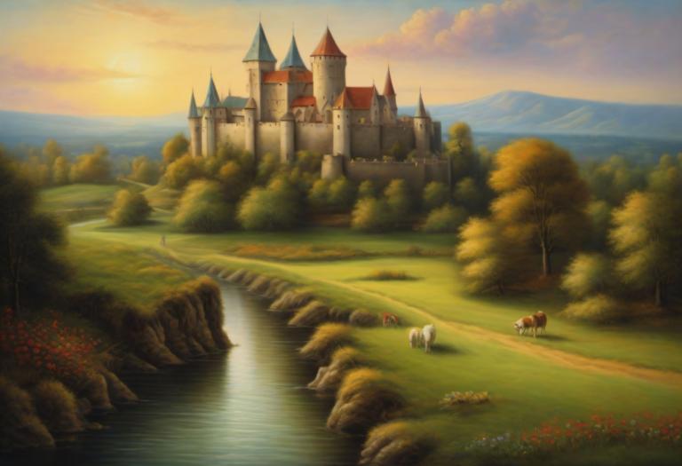 Pastel,Pastel, Natură, peisaj medieval european, decor, nici oameni, copac, în aer liber, castel, apă, nor