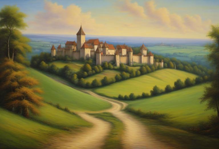 Pastel,Pastel, Natură, peisaj medieval european, nici oameni, decor, în aer liber, nor, cer, copac, zi, apă