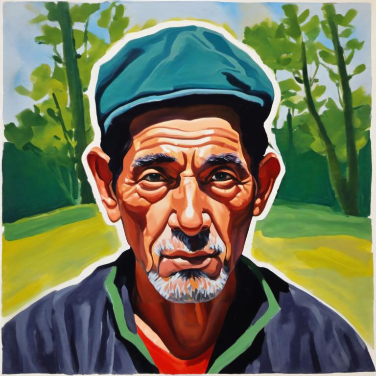 Gouache,Gouache, People, man, 1boy, male focus, facial hair, solo, hat, mustache, beard, realistic, tree