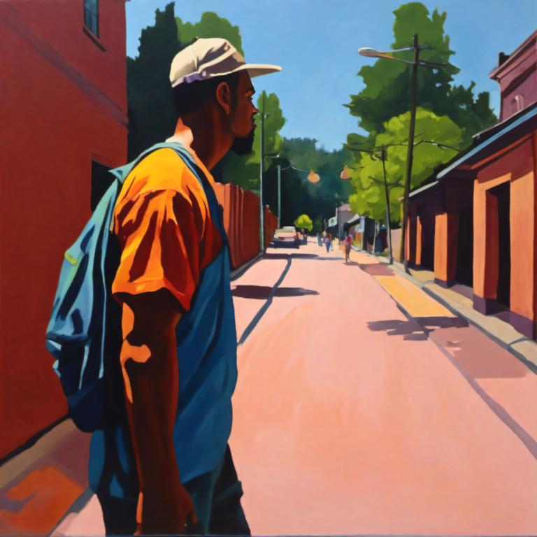 Gouache,Gouache, People, man, hat, 1boy, outdoors, road, tree, shirt, bag, day, dark skin, male focus, street