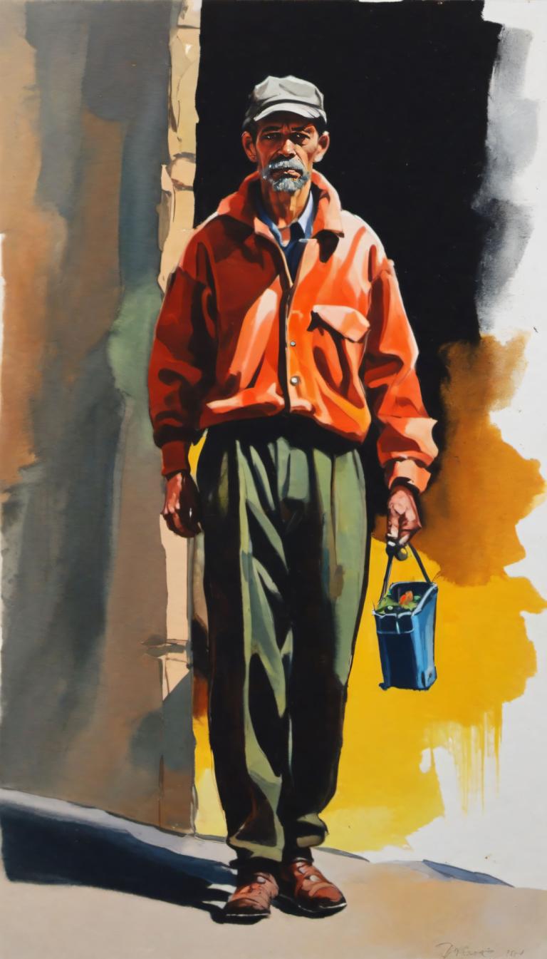 Gouache,Gouache, People, man, 1boy, male focus, solo, facial hair, beard, jacket, hat, walking, holding