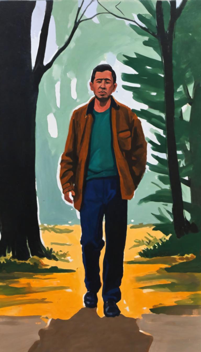 Gouache,Gouache, People, man, 1boy, solo, male focus, tree, jacket, pants, black hair, shirt, shadow