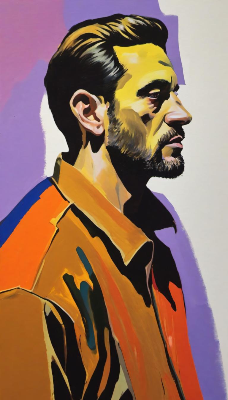 Gouache,Gouache, People, man, 1boy, male focus, solo, facial hair, black hair, beard, profile, upper body