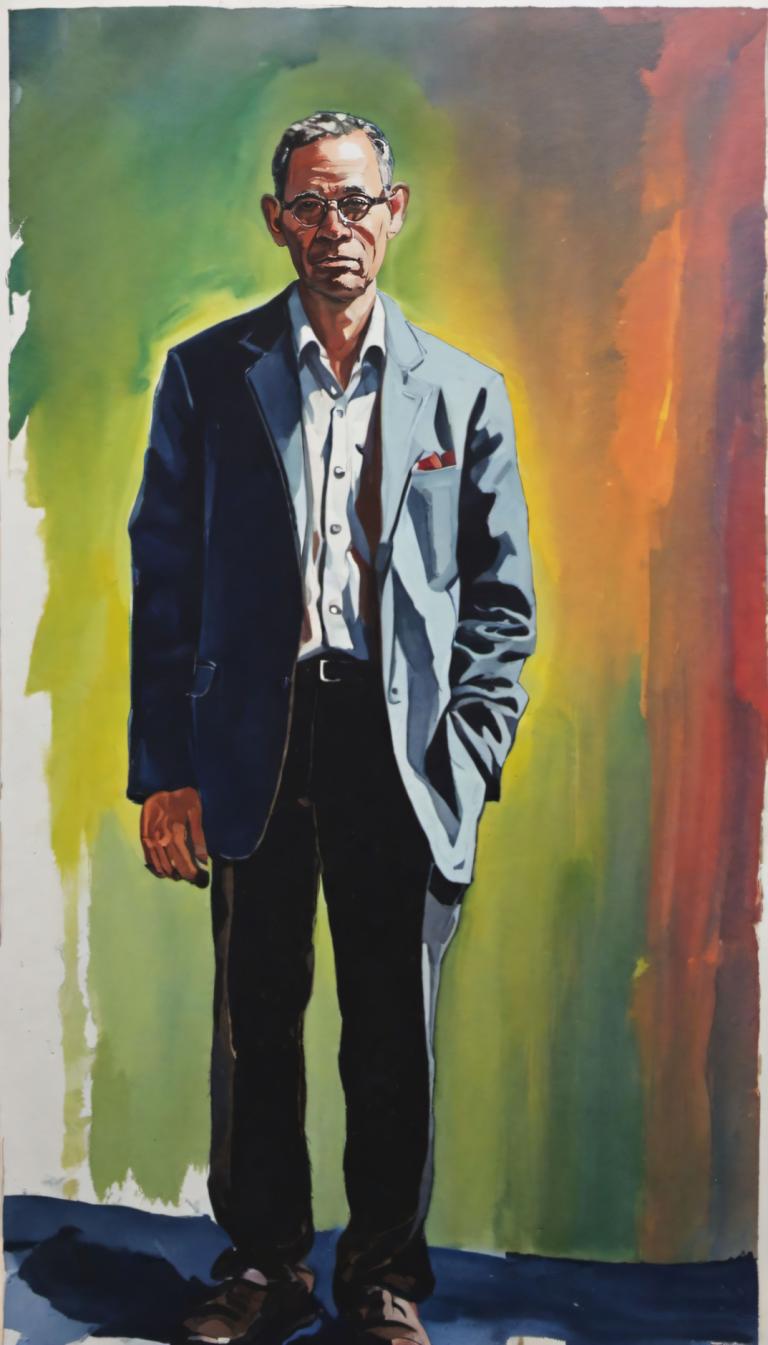 Gouache,Gouache, Menschen, Mann, 1Junge, männlicher Fokus, Solo, Jacke, Hose, Hemd, Stehen, Gürtel