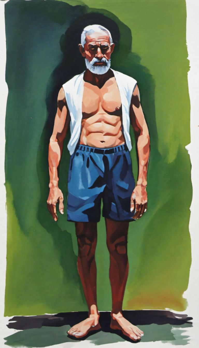 Gouache,Gouache, människor, man, manligt fokus, 1 pojke, solo, shorts, blå shorts, ansiktshår, skägg, barfota