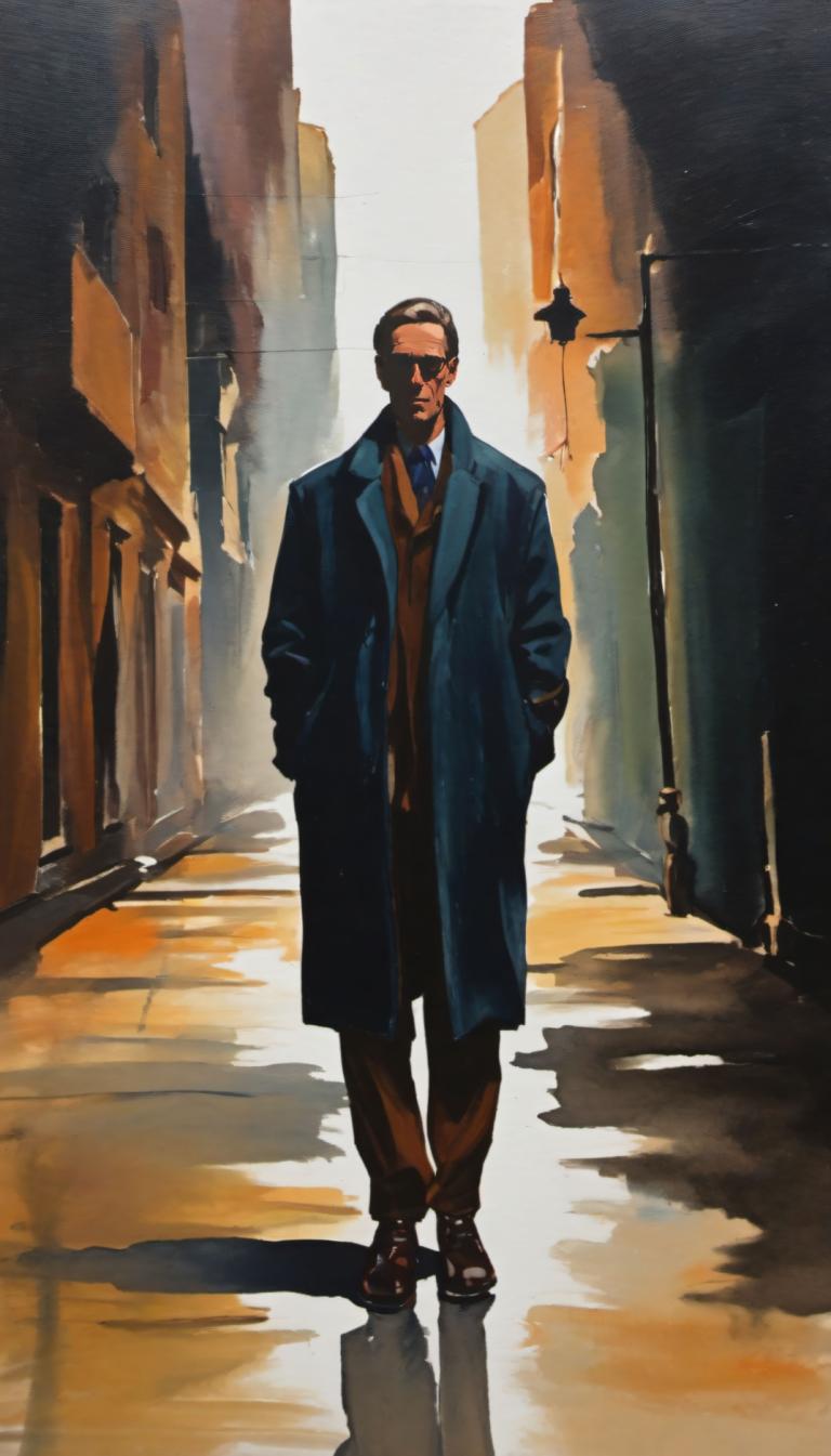 Gouache,Gouache, People, man, 1boy, male focus, solo, necktie, hands in pockets, road, outdoors, coat