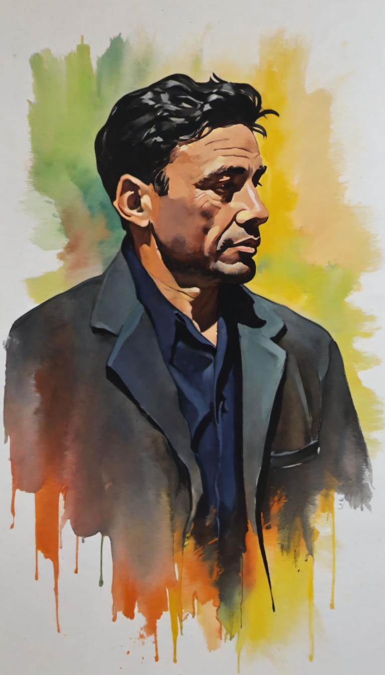 Gouache,Gouache, People, man, 1boy, male focus, solo, black hair, facial hair, jacket, shirt, upper body