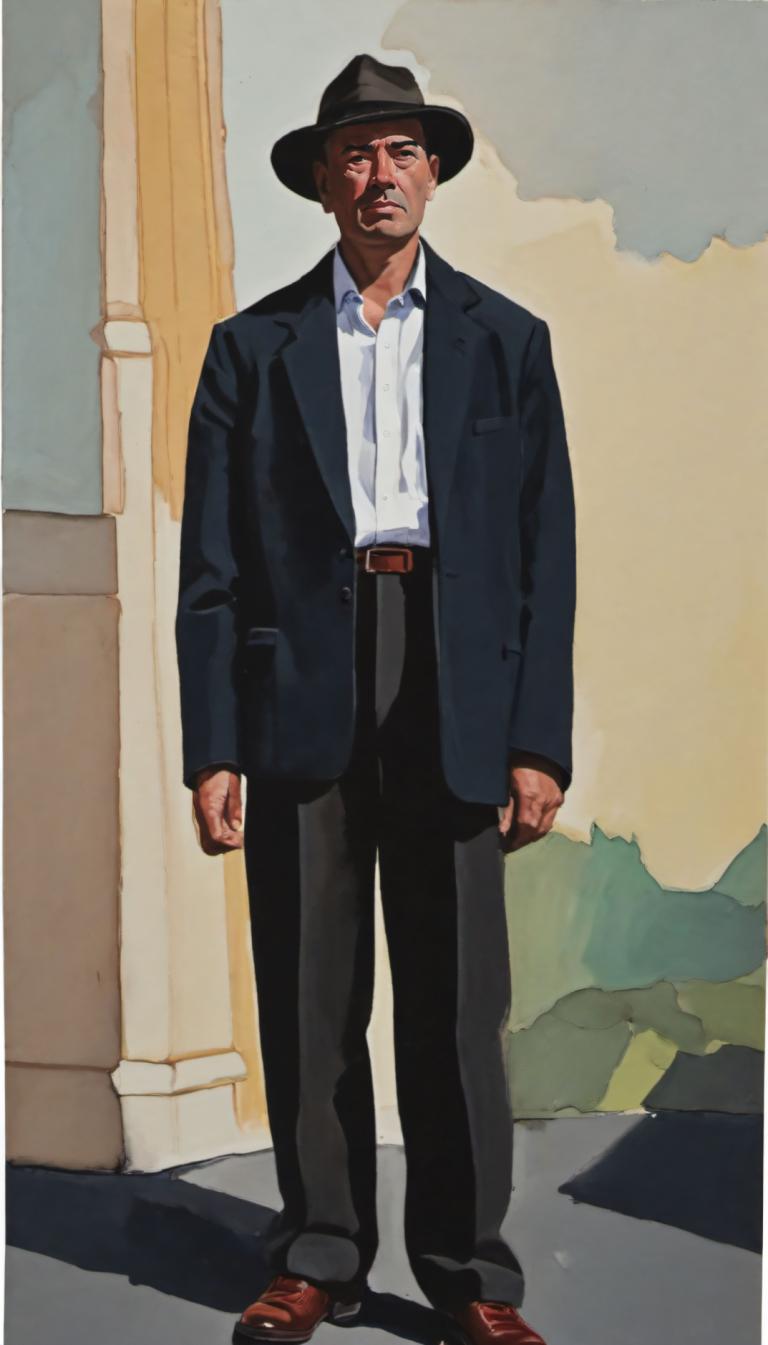 Gouache,Gouache, People, man, 1boy, solo, male focus, shirt, pants, hat, jacket, white shirt, brown footwear