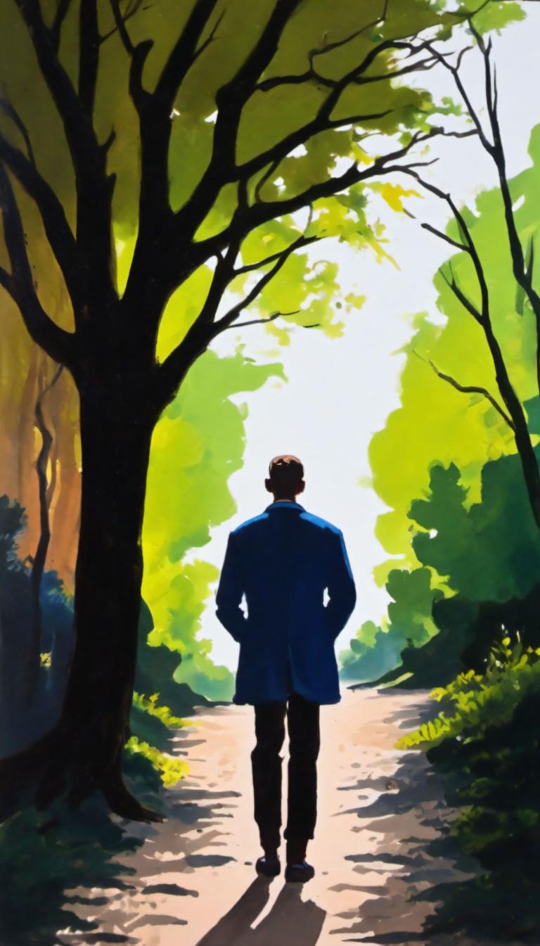 Gouache,Gouache, People, man, 1boy, tree, male focus, solo, outdoors, pants, shadow, hands in pockets