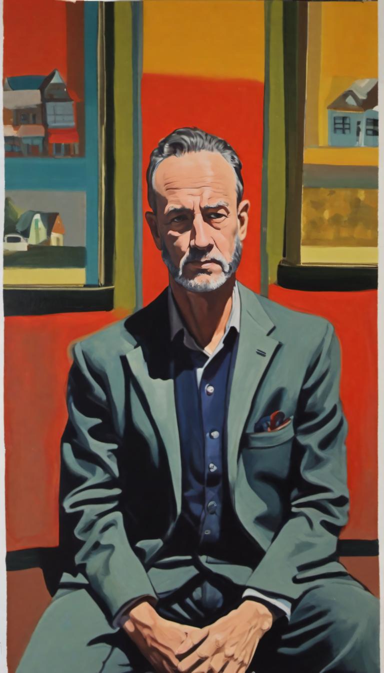 Gouache,Gouache, People, man, 1boy, male focus, sitting, facial hair, solo, shirt, jacket, beard, pants