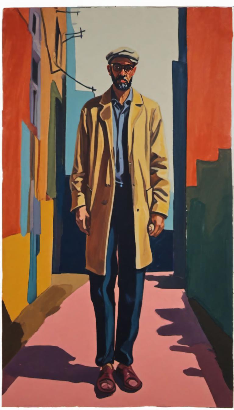 Gouache,Gouache, People, man, 1boy, male focus, solo, facial hair, pants, hat, shirt, full body, shadow