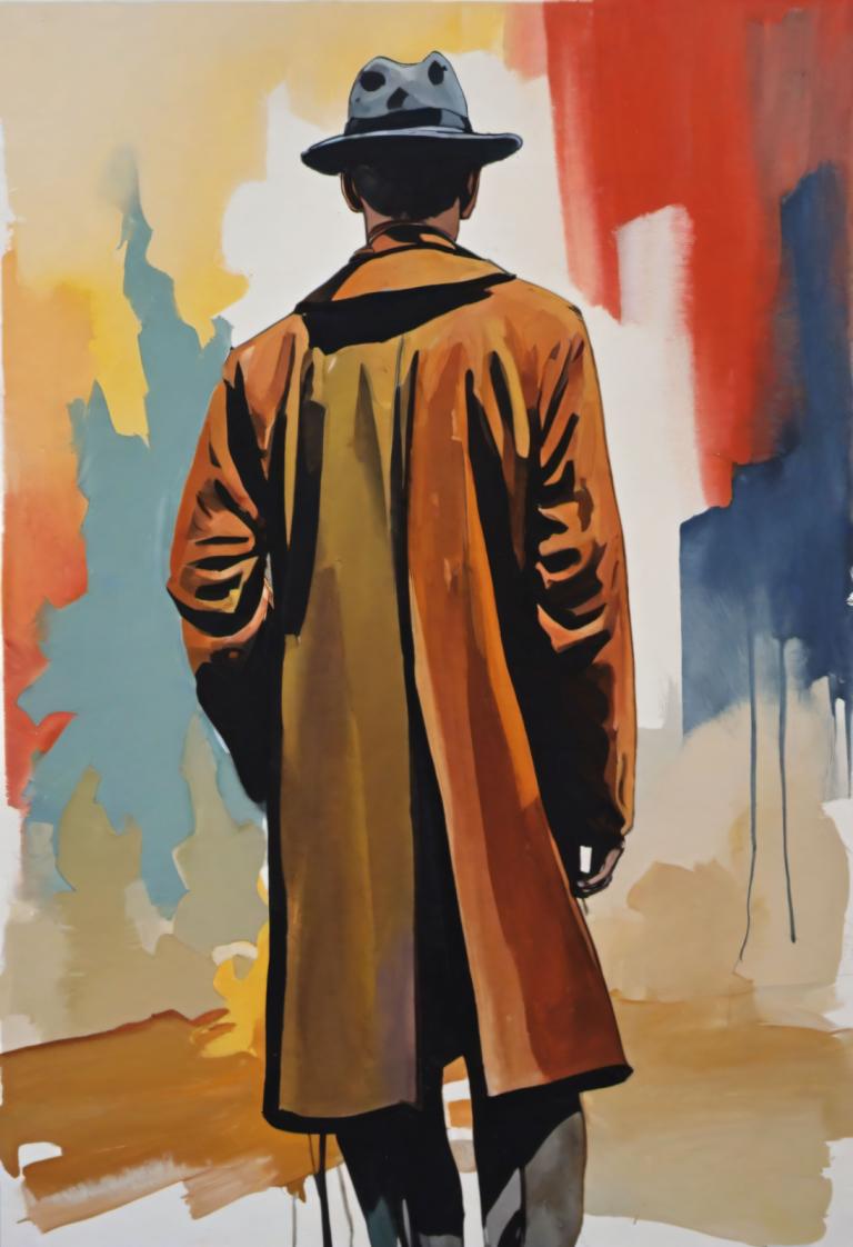 Gouache,Gouache, People, man, solo, 1boy, male focus, hat, from behind, coat, standing, long sleeves