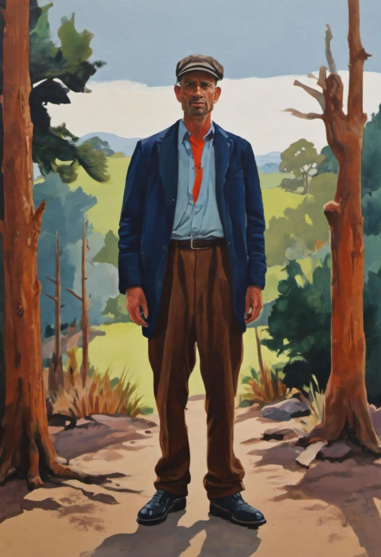 Gouache,Gouache, Gente, hombre, 1 chico, enfoque masculino, corbata, solo, sombrero, pantalones marrones