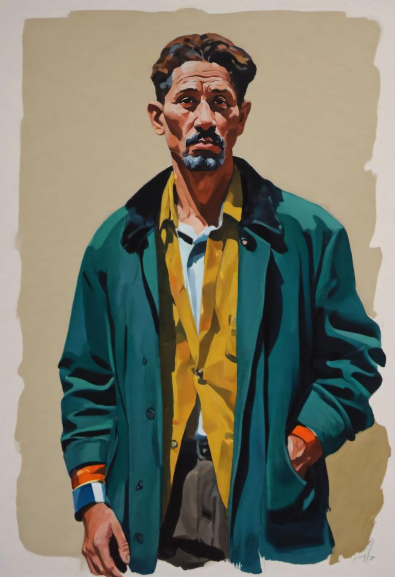 Gouache,Gouache, People, man, 1boy, male focus, solo, facial hair, jacket, hand in pocket, mustache