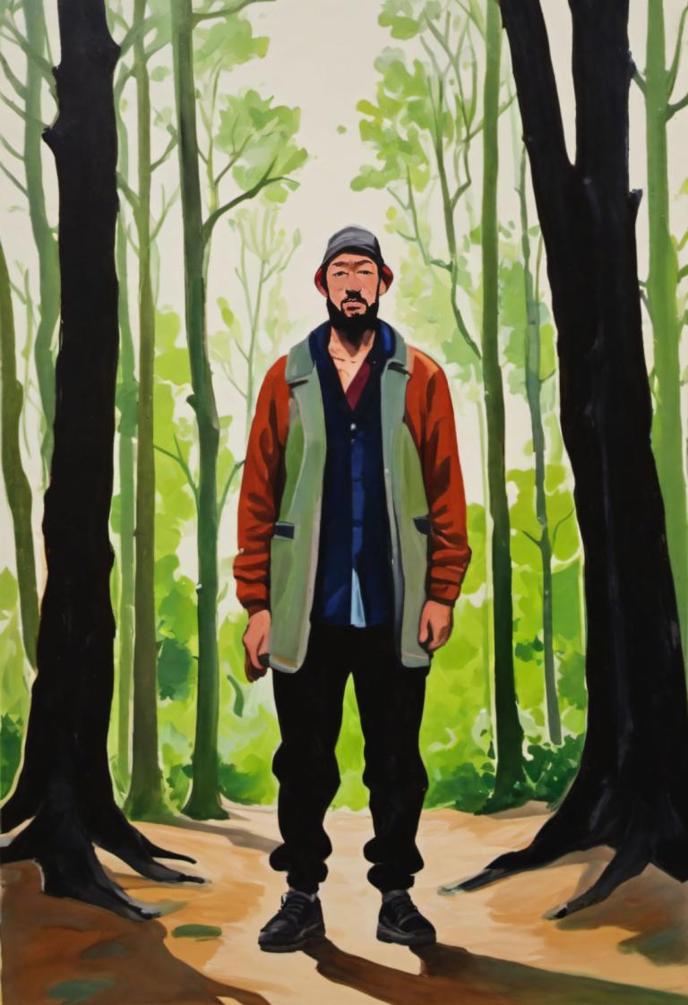 Gouache,Gouache, People, man, 1boy, male focus, facial hair, solo, beard, hat, nature, tree, jacket, forest