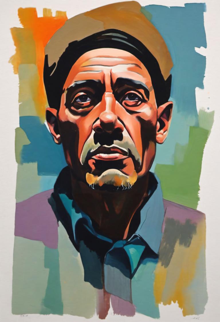 Gouache,Gouache, People, man, 1boy, male focus, solo, facial hair, black hair, mustache, shirt, portrait