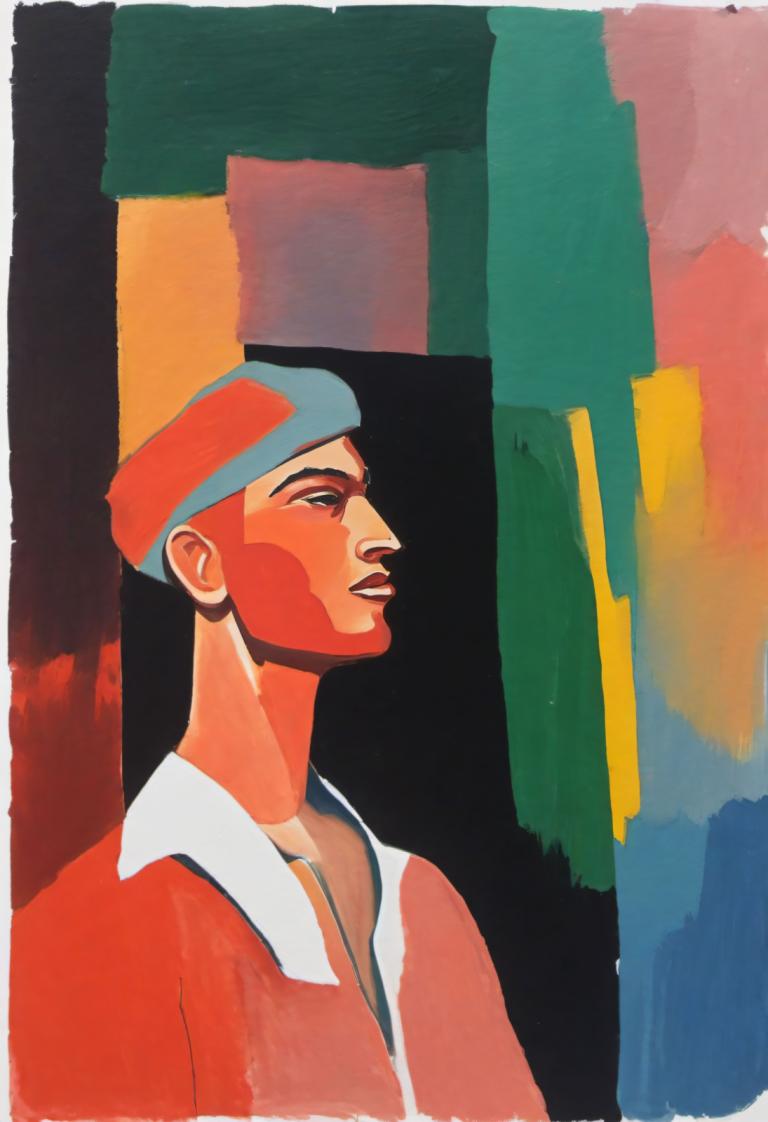 Gouache,Gouache, People, man, 1boy, male focus, solo, hat, upper body, shirt, profile, open mouth