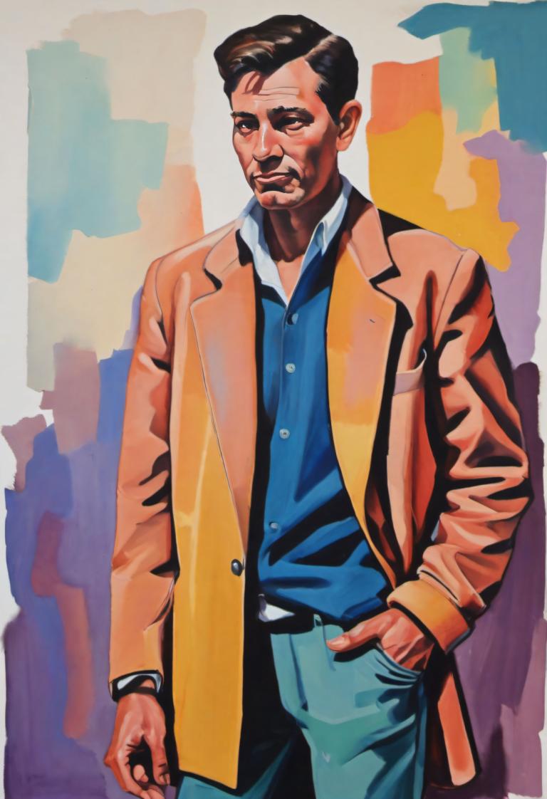 Gouache,Gouache, People, man, 1boy, male focus, solo, jacket, watch, wristwatch, pants, belt, hand in pocket