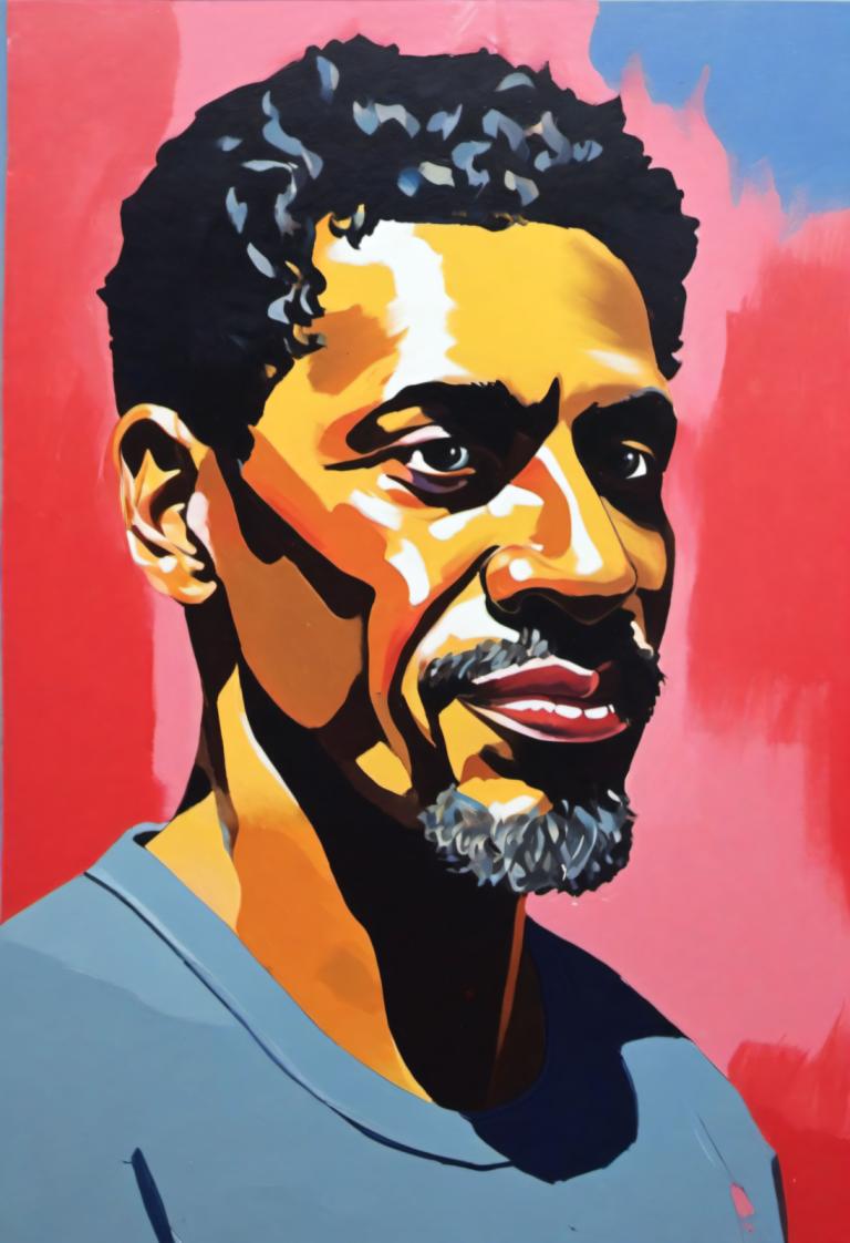 Gouache,Gouache, People, man, 1boy, male focus, facial hair, solo, black hair, afro, beard, mustache