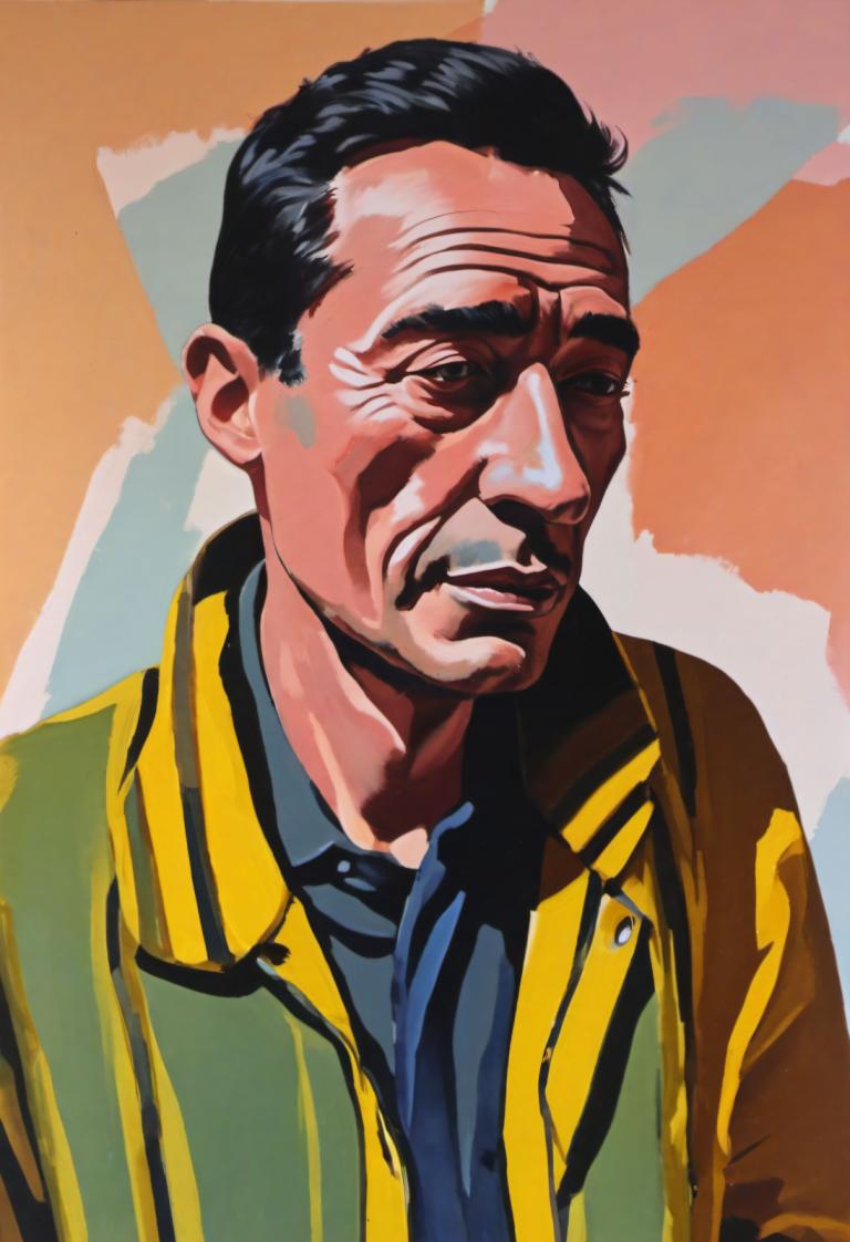 Gouache,Gouache, People, man, 1boy, male focus, solo, black hair, jacket, shirt, yellow jacket, upper body