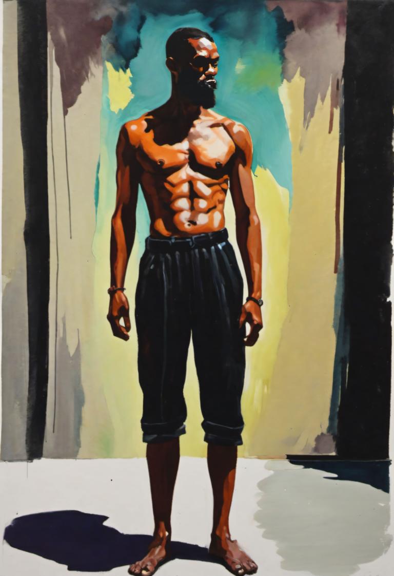 Gouache,Gouache, Mensen, man, 1 jongen, mannelijke focus, solo, topless man, op blote voeten, kaal, broek