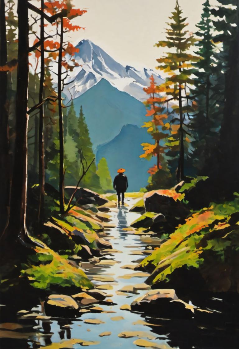 Gouache,Gouache, People, man, outdoors, tree, solo, scenery, nature, 1boy, mountain, forest, day, standing