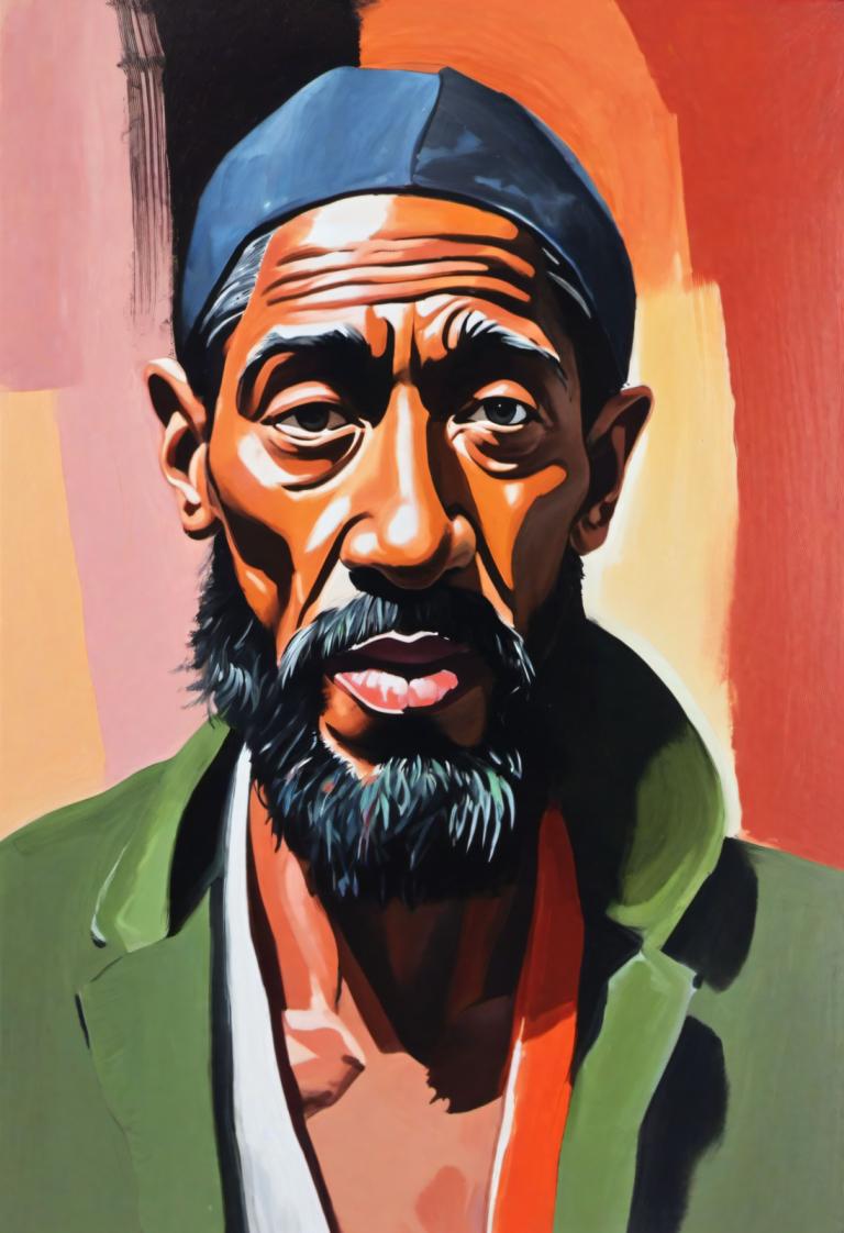 Gouache,Gouache, People, man, 1boy, male focus, solo, facial hair, beard, hat, black hair, mustache