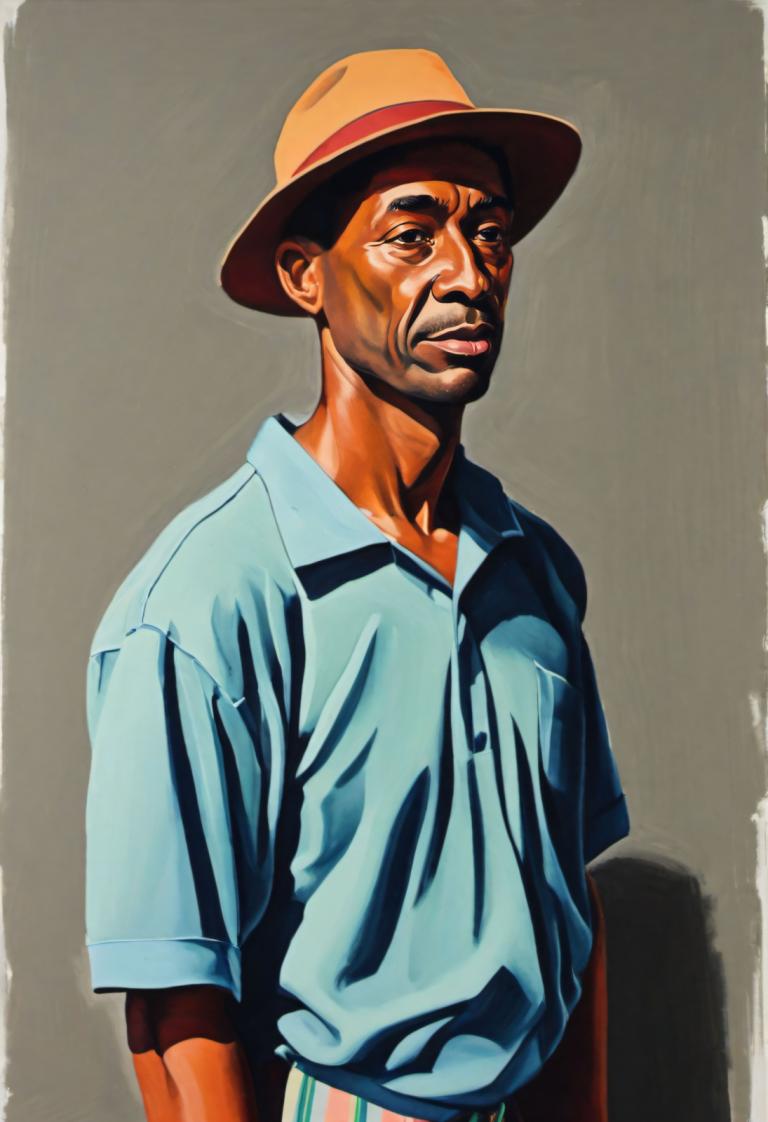 Gouache,Gouache, People, man, male focus, solo, 1boy, hat, shirt, blue shirt, collared shirt, smile