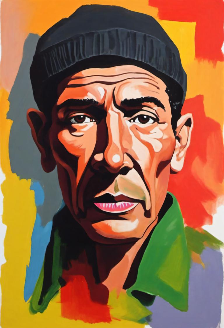 Gouache,Gouache, People, man, 1boy, male focus, hat, solo, black hair, portrait, beanie, black headwear