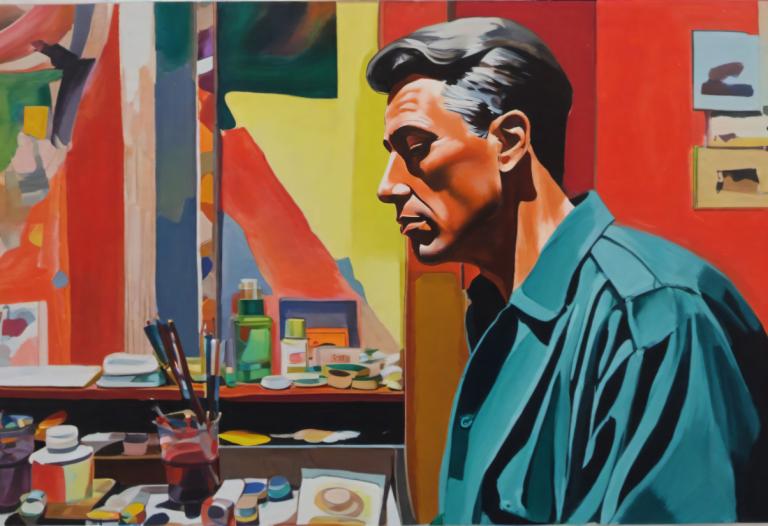 Gouache,Gouache, People, man, 1boy, male focus, black hair, shirt, solo, profile, food, shop, blue shirt