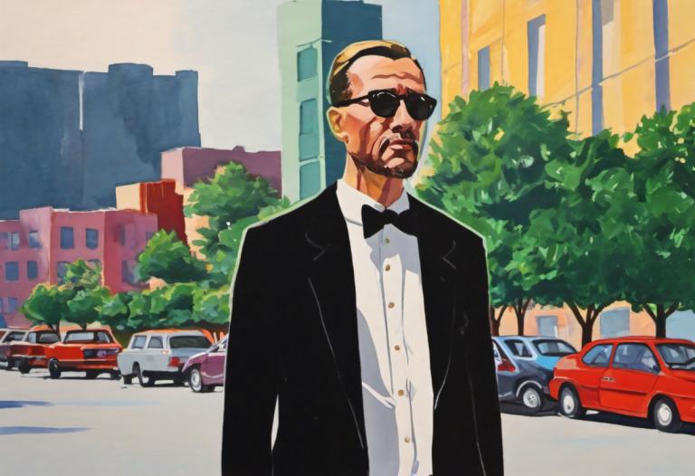 Gouache,Gouache, People, man, 1boy, car, motor vehicle, sunglasses, male focus, facial hair, bowtie