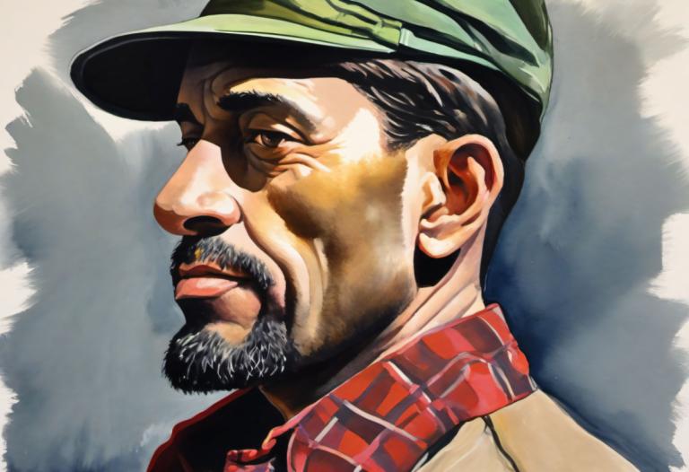 Gouache,Gouache, People, man, 1boy, male focus, solo, facial hair, hat, manly, mustache, green headwear