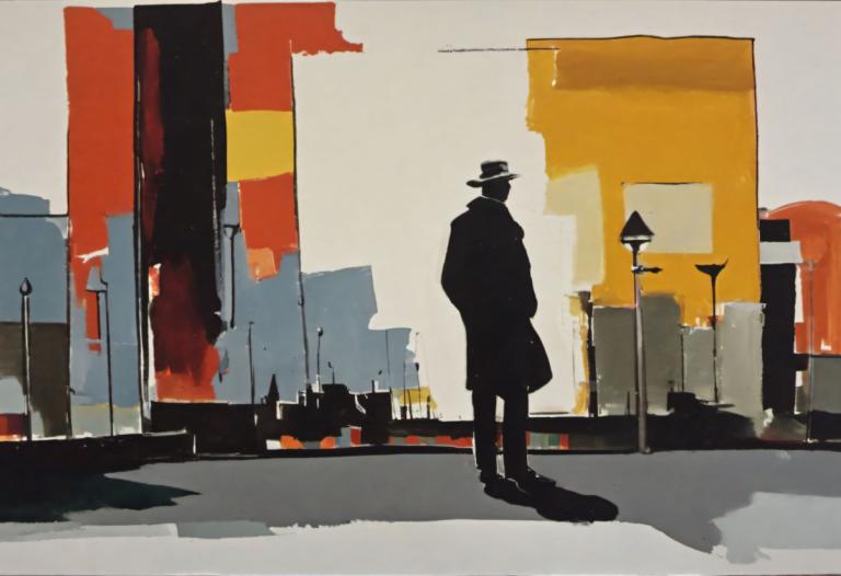 Gouache,Gouache, People, man, solo, hat, 1boy, fedora, male focus, lamppost, outdoors, coat, standing