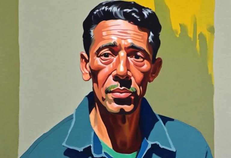 Gouache,Gouache, People, man, 1boy, male focus, solo, black hair, shirt, mustache, facial hair, blue shirt