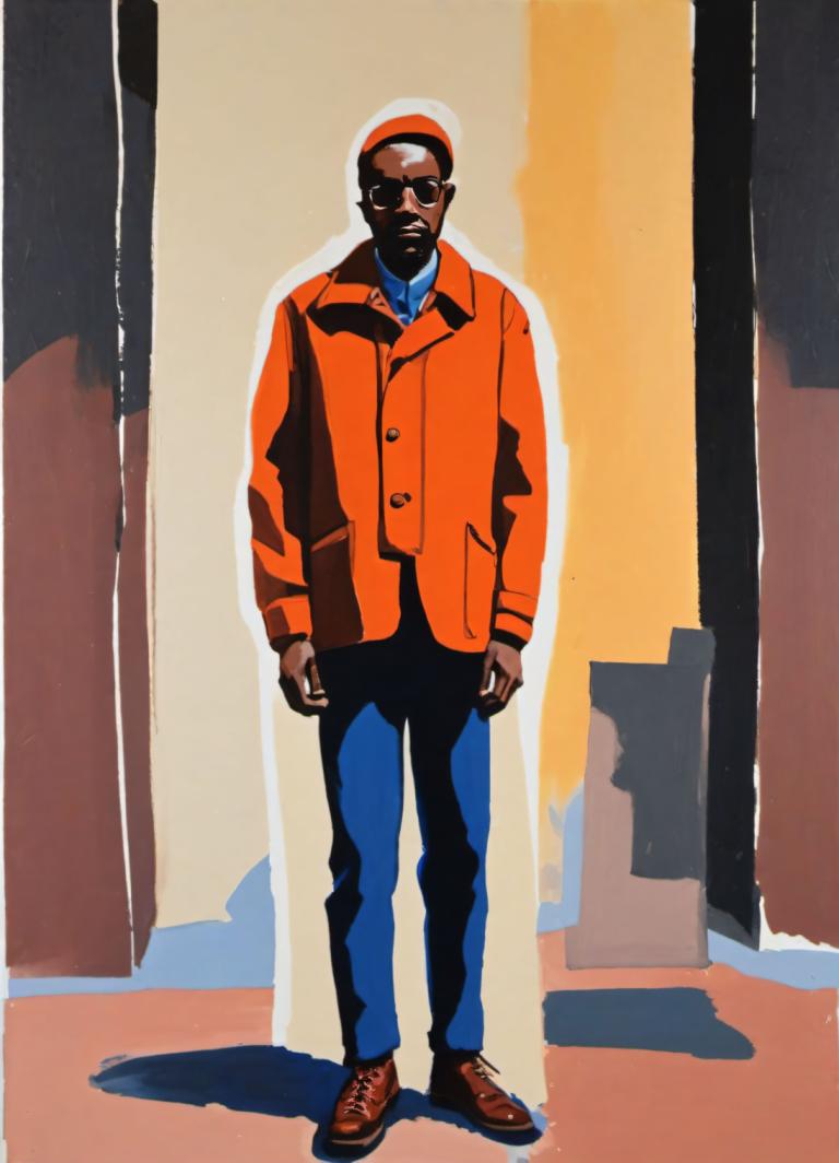 Gouache,Gouache, People, man, 1boy, male focus, dark skin, dark-skinned male, solo, orange jacket, sunglasses